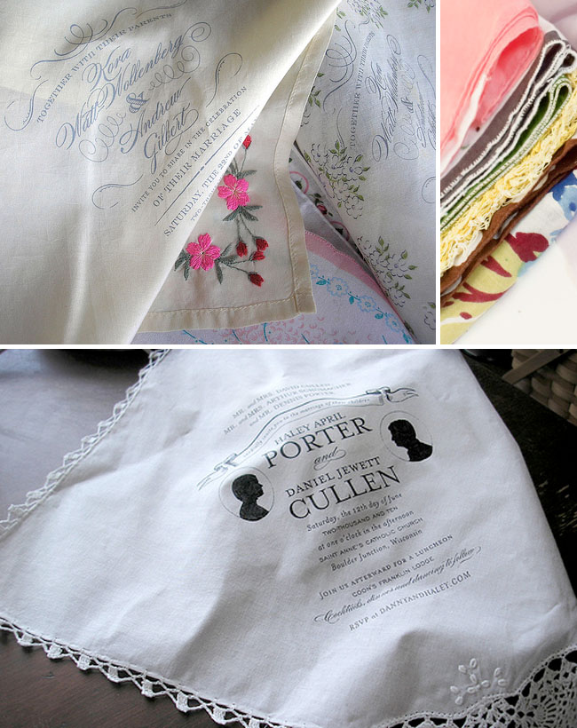 Invitations on hankerchiefs by Lucky Luxe Couture handkerchief wedding 