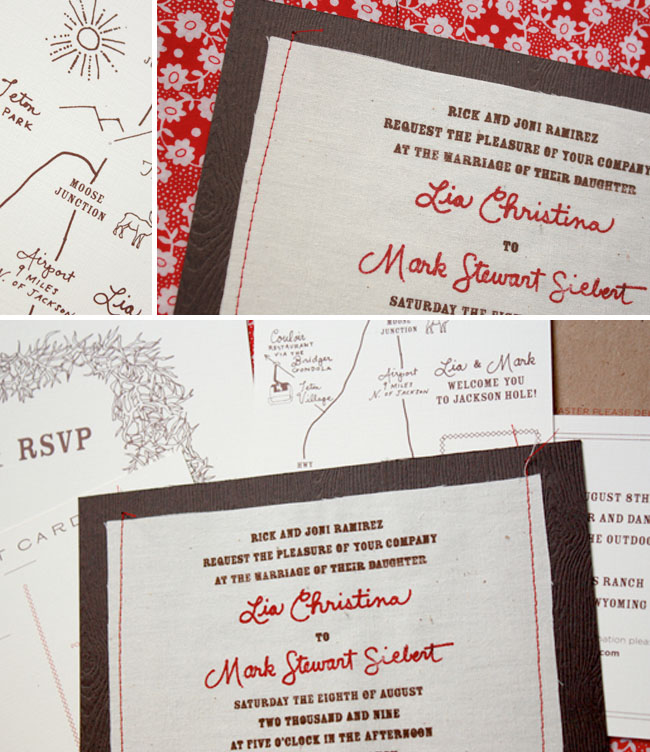 sewn wedding invitations bird and banner Cute fabric pouches which held the