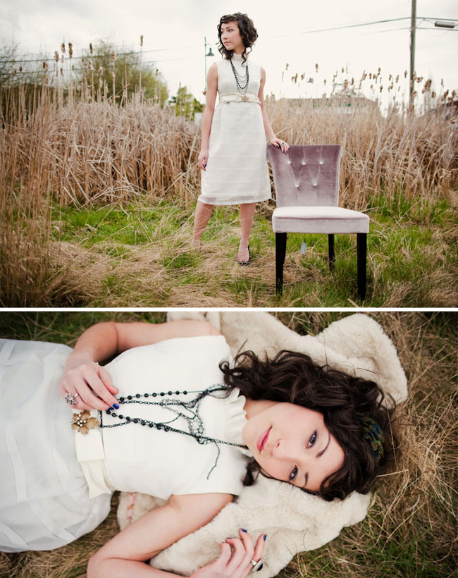 wedding dress in field with chair