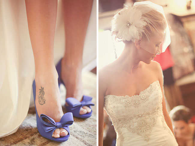 blue wedding shoes with bow bride