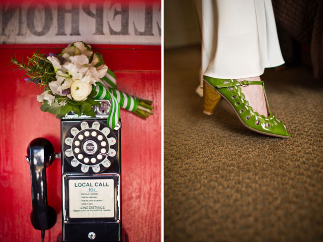 green wedding shoes and green bouquet