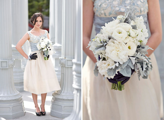 vintage blue wedding dress and bouquet