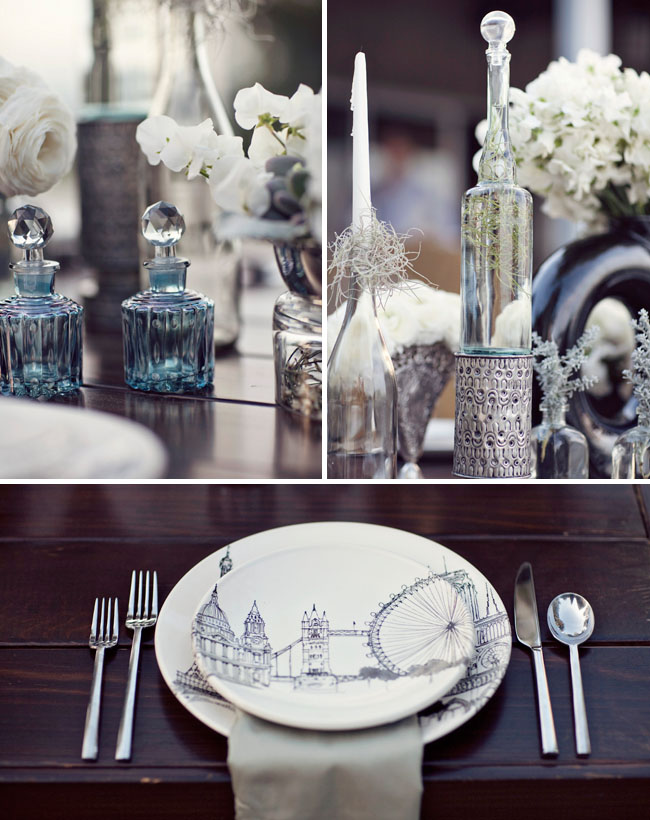 modern plates wedding vintage bottles The tablescape was a collaboration 