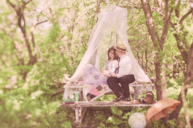 vintage picnic engagement in woods