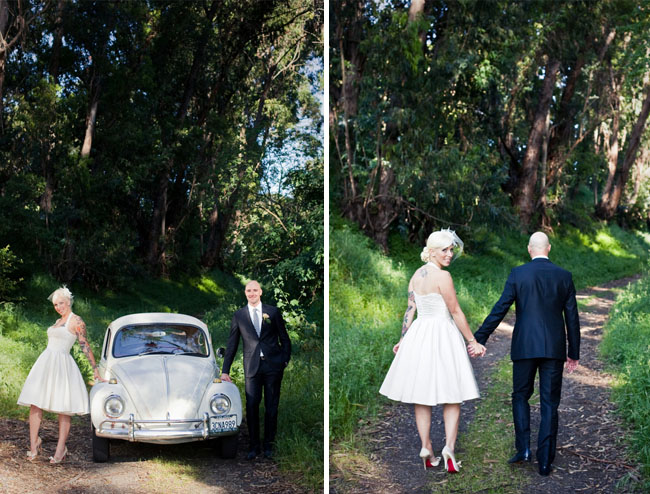 wedding with a vw bug in the woods
