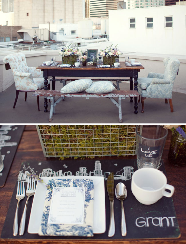 wedding rooftop reception vintage table Instead of sticking to safe browns