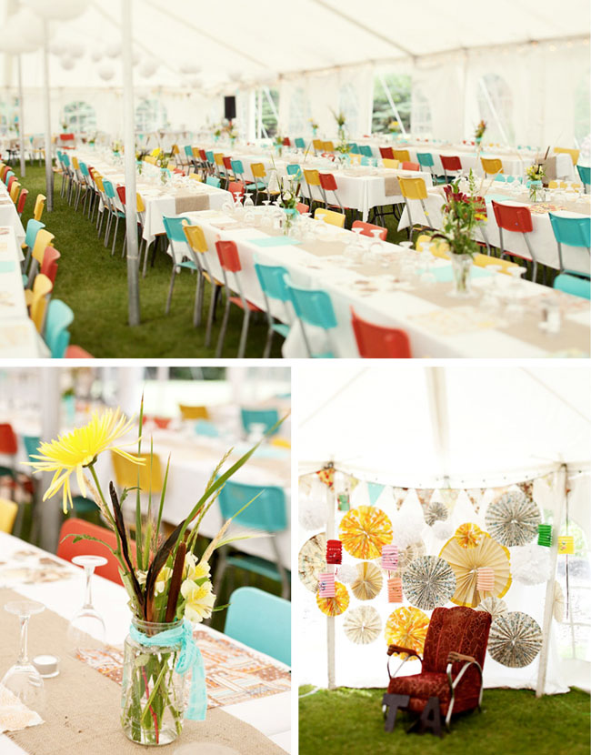 bright colored chairs outdoor wedding The place mats on the tables for 