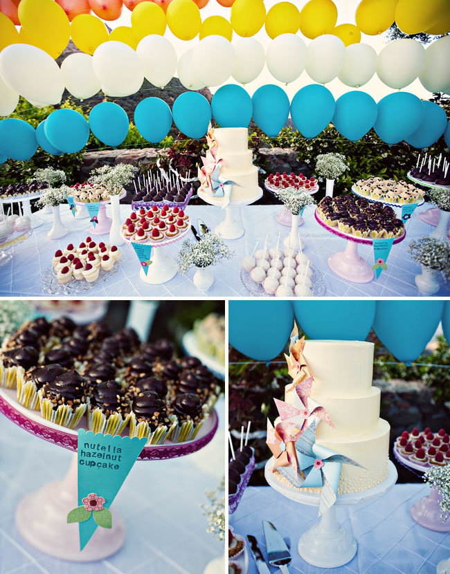 dessert table balloons pinwheel cake Music and food are really important to