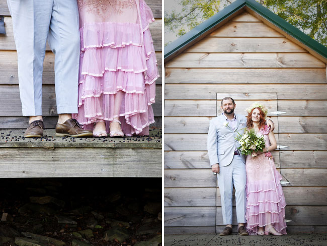 pink wedding dress Ben's linen seersucker style suit is vintage Brooks 