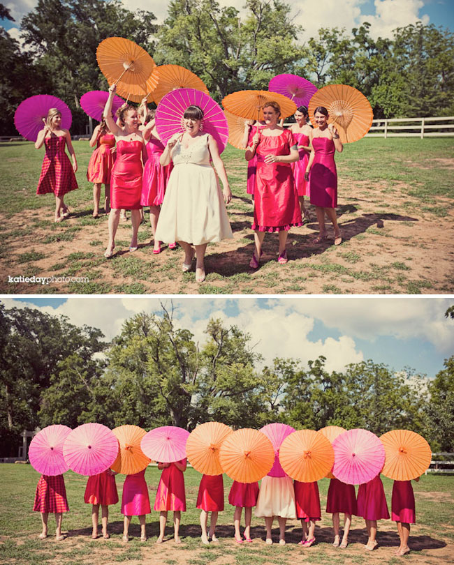 lots of parasols bridal party parasols wedding bright colors