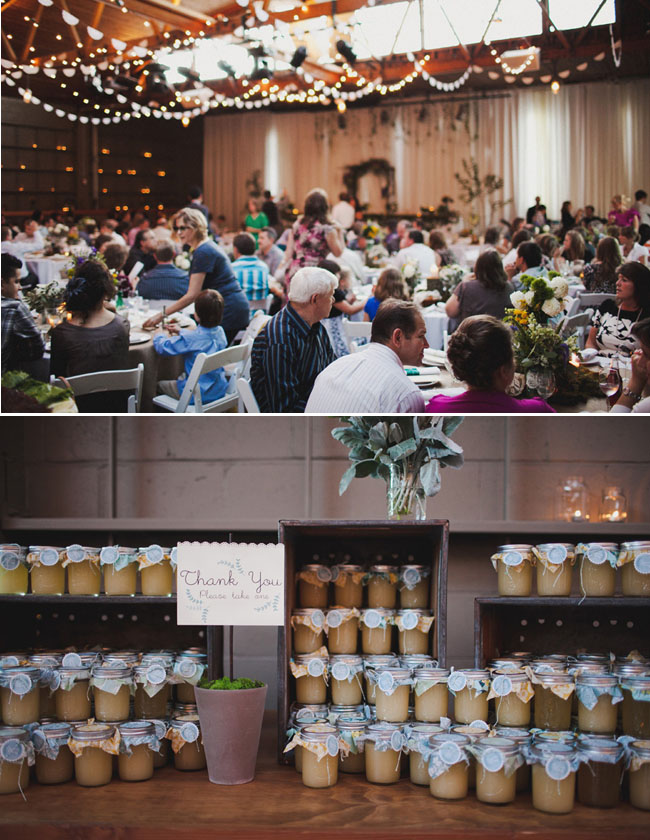 Honey jar favors and lace doily garlands assembled by entire bridal party