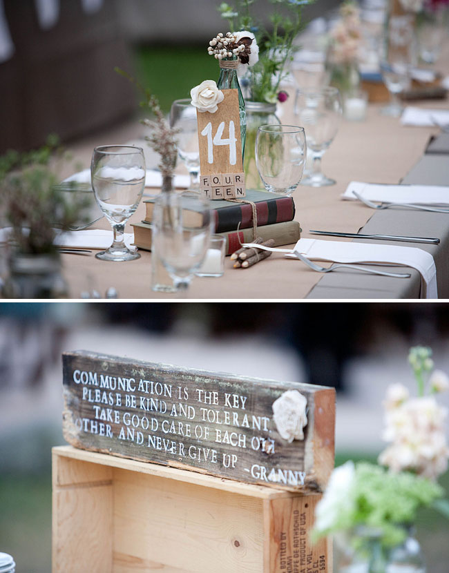 vintage books and scrabble pieces for centerpiece What a gorgeous wedding 