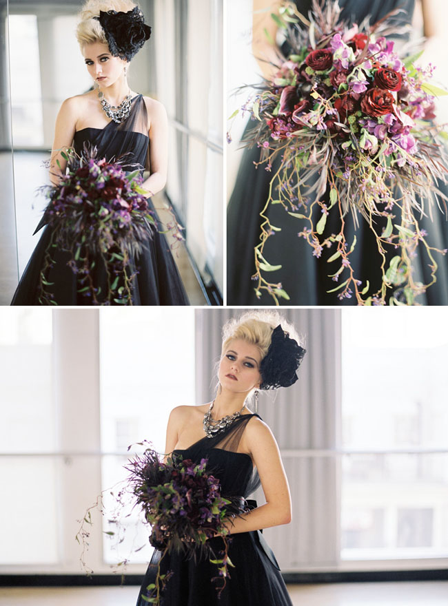 and a black swan with a Romona Keveza gown and wild flowers black wedding