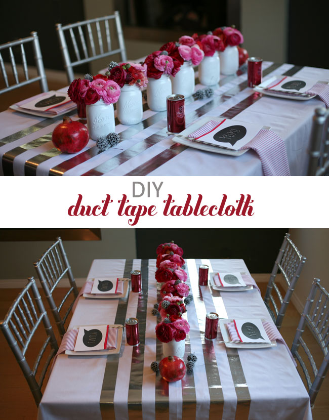 The lines are actually silver duct tape attached right to the tablecloth