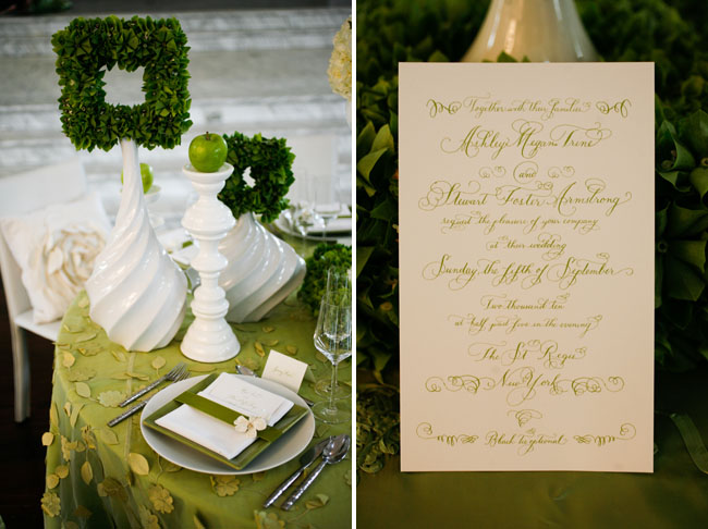 White candlesticks and green apples finished the look green calligraphy