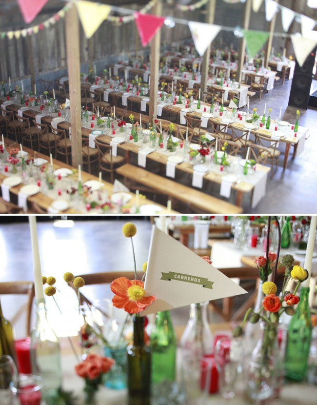 barn wedding with glass bottles