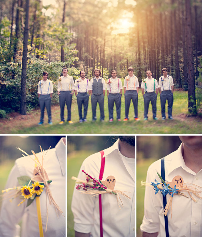 groomsmen in rainbow suspenders rainbow bridesmaids dresses