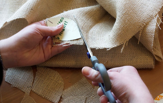 Use a cardboard teardrop as a pattern and cut out burlap shapes 