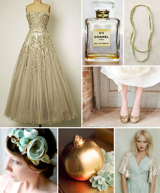 gold and aqua wedding ideas photo credits going clockwise Vintage Dior 