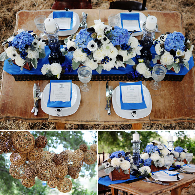 blue and white wedding table decor flowers