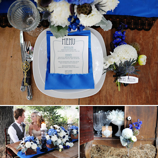 blue and white wedding table decor flowers twilight