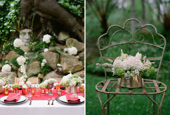 wedding table with red and green colors outdoors