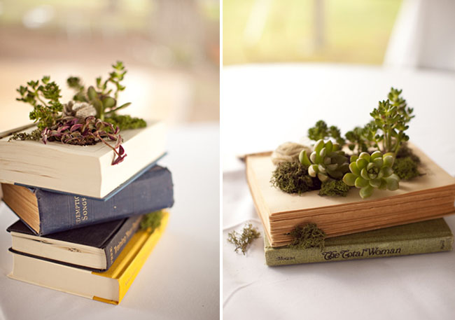 diy vintage book planters succulents moss fabric flowers tablecentres