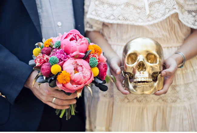 dia de los muertos peony bouquet and gold skull