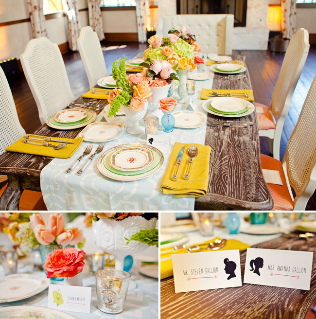 bright tablescape on rustic wooden table