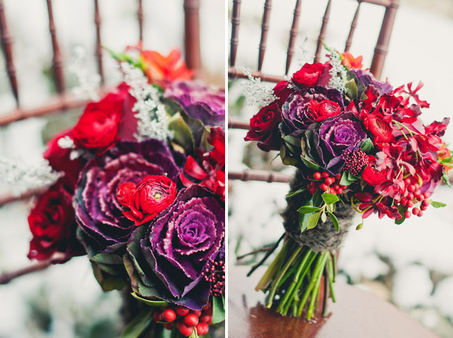 winter wedding invite red and purple bouquet