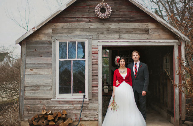 LOVE her gorgeous Winifred Bean wedding gown and the red sweater is just the