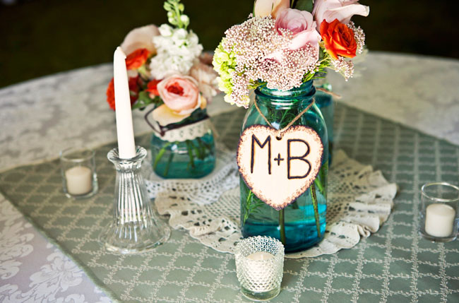 blue mason jar centerpiece Neither of us really care for cake so we decided
