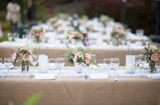 pink centerpieces burlap tablecloth We had Spanishstyle food to fit the 