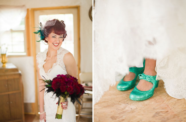 noiva com sapatos verdes brilhantes