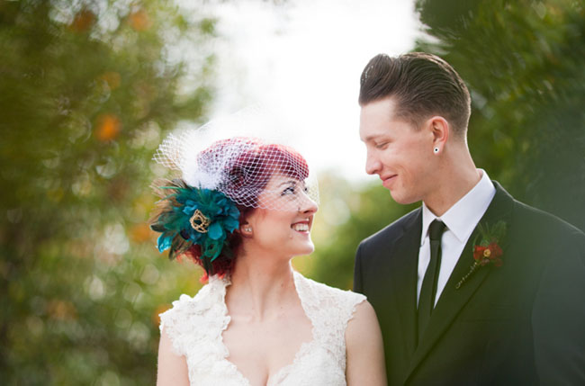 bride with teal flower in hair