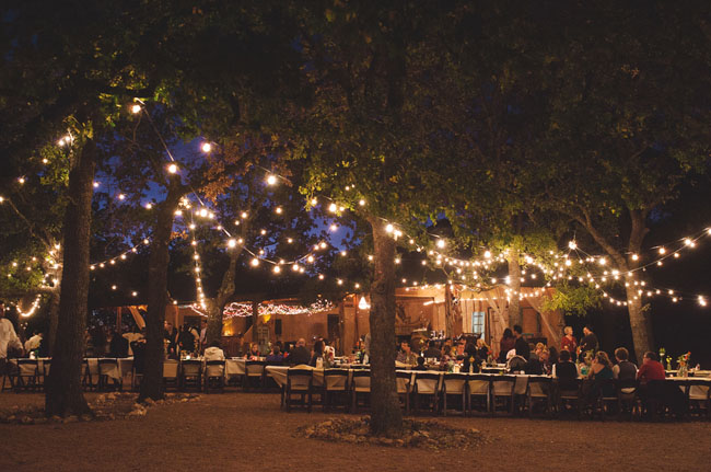 outdoor reception with string lights food truck wedding