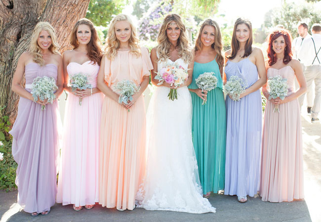 long pleated pastel bridesmaid dresses