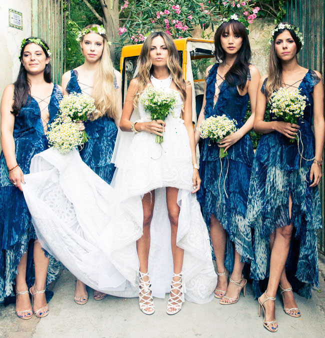 bridesmaids in indigo dresses